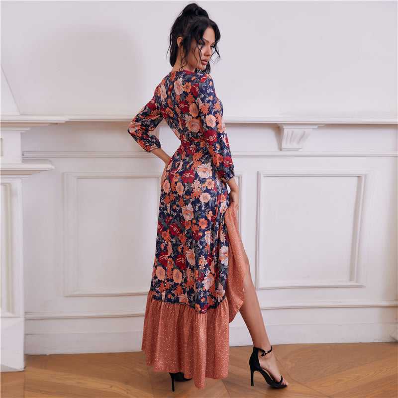 Asymmetrical ruffled floral Maxi Wrap Dress Sai Feel