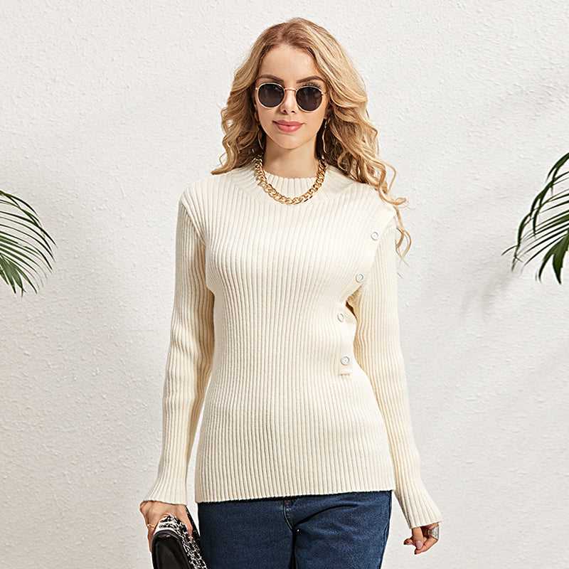 Autumn Winter Women Fashion Long Sleeve High Neck Button Knitted Sweater Pullover Sweater Jumper Sai Feel