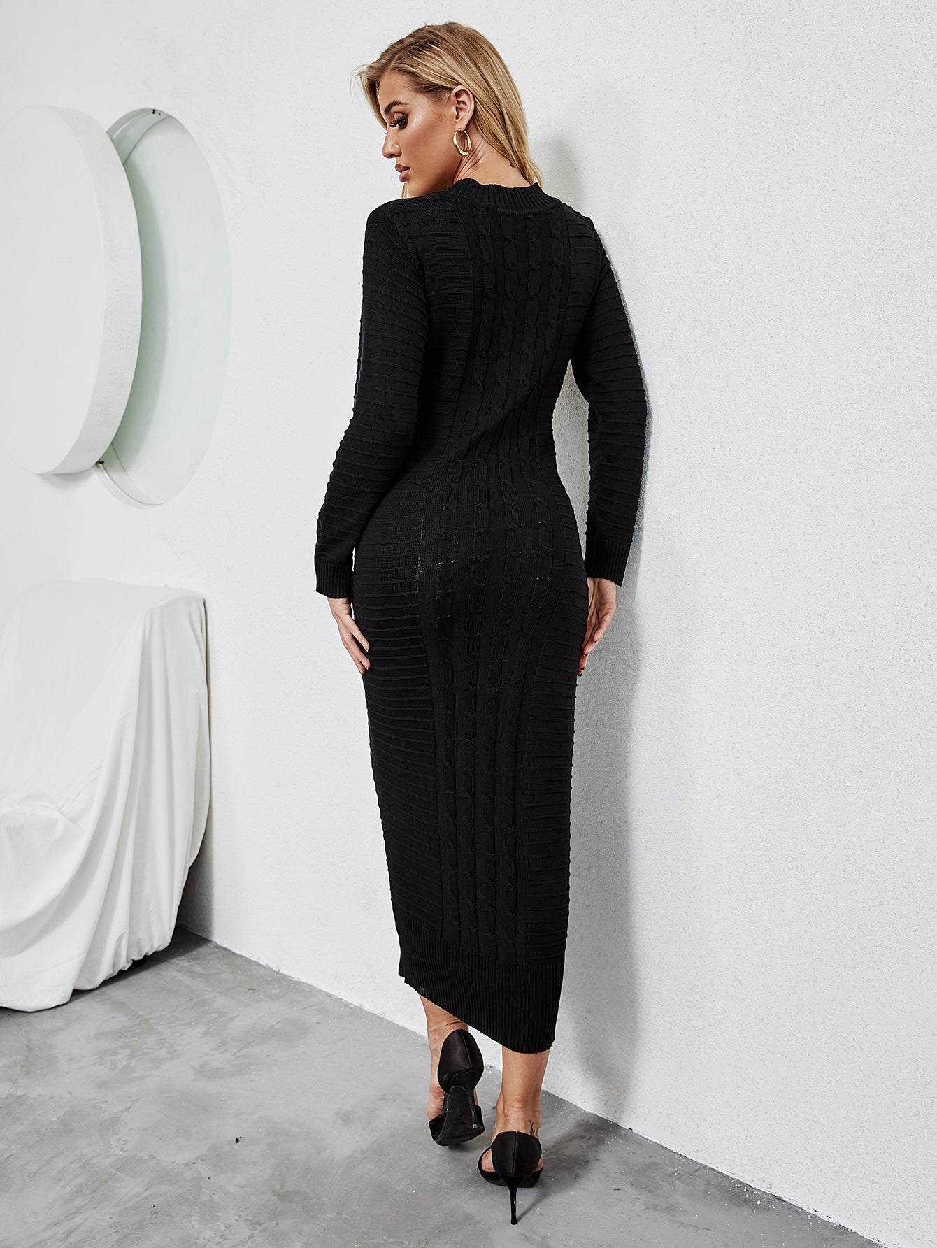 Autumn and winter long sleeve strpe pullover high collar causal clothing sweater maxi dress Sai Feel