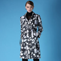 Autumn and winter new women's windbreaker retro lapel printed single-breasted coat jacket with belt Sai Feel
