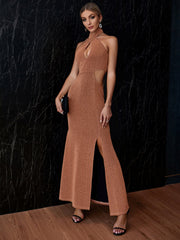 Backless Cut Out Split Thigh Glitter Halter Dress Sai Feel