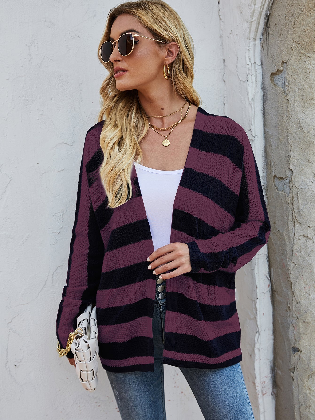 Bat Sleeve Knit Jacket Loose Striped Knit Cardigan Sai Feel