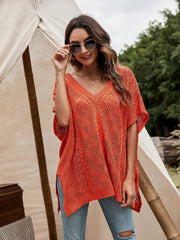 Bat Sleeve Knitted Blouse Solid Color V-neck Hollow Short Sleeve Knitted Shawl Sai Feel