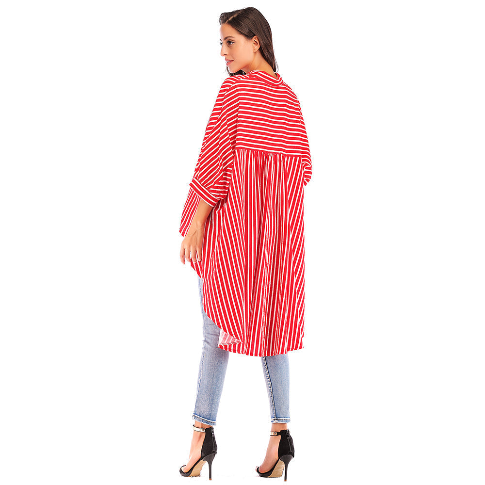 Bat sleeve loose swallow tail striped shirt Sai Feel