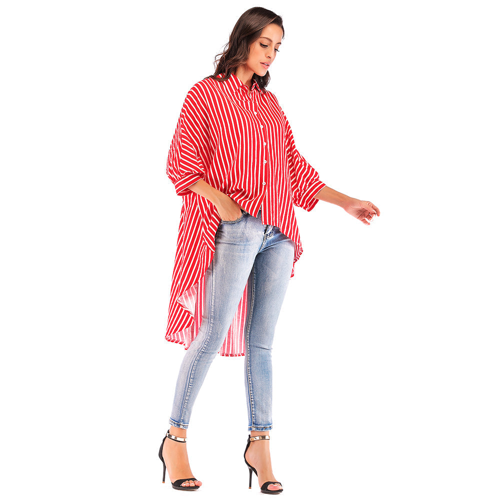 Bat sleeve loose swallow tail striped shirt Sai Feel