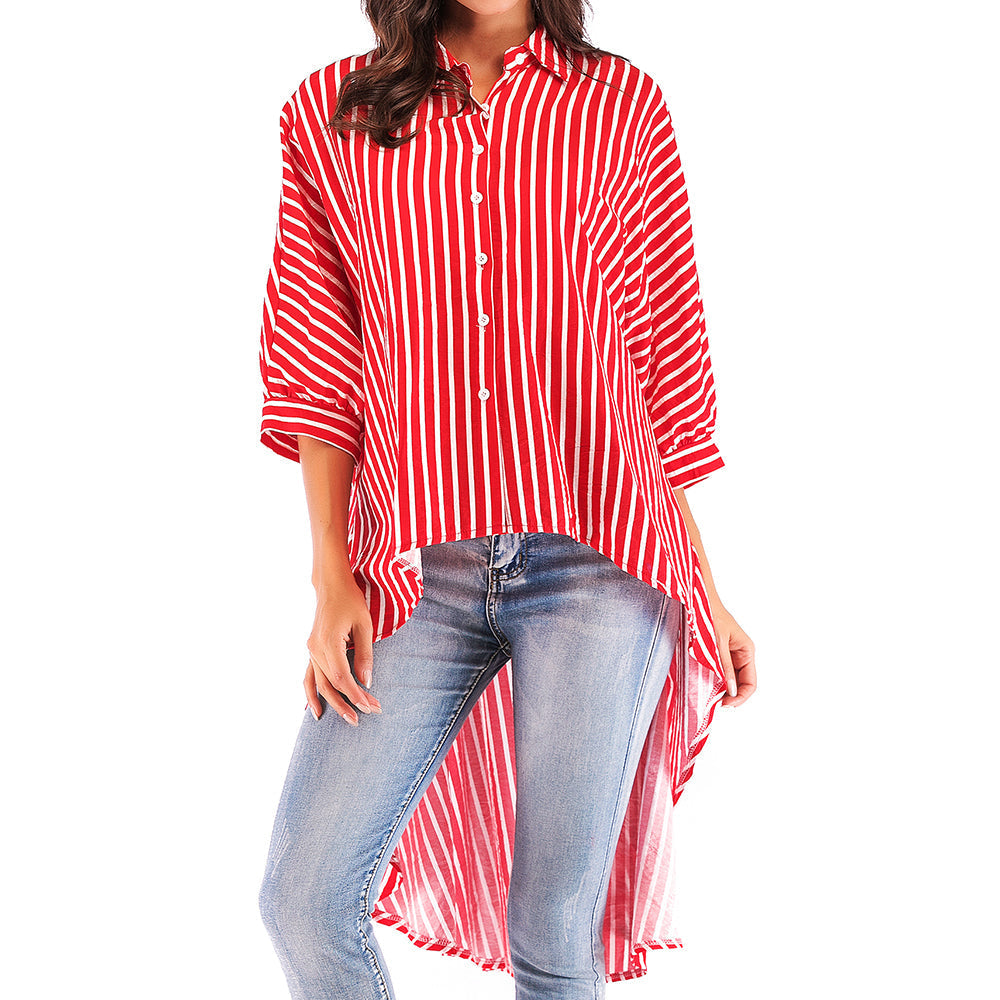 Bat sleeve loose swallow tail striped shirt Sai Feel