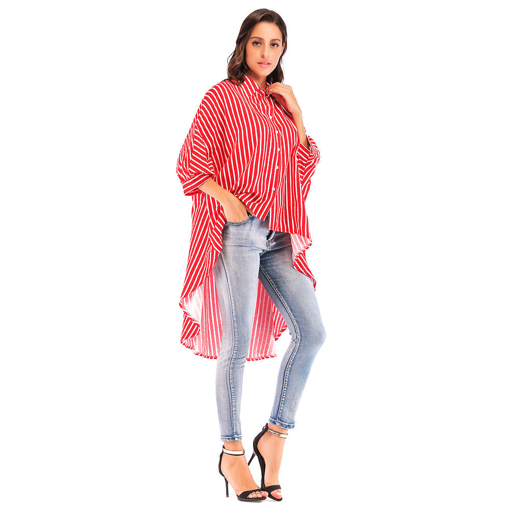 Bat sleeve loose swallow tail striped shirt Sai Feel