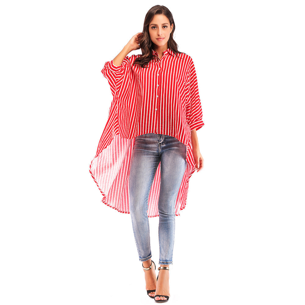 Bat sleeve loose swallow tail striped shirt Sai Feel