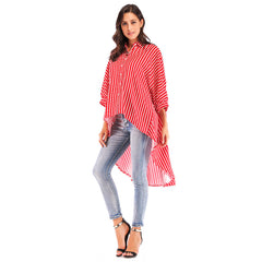 Bat sleeve loose swallow tail striped shirt Sai Feel