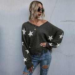 Batwing Sleeve Loose Women Sweater V-neck Star Printed Tassels Hem Knitted Pullover Tops Sai Feel