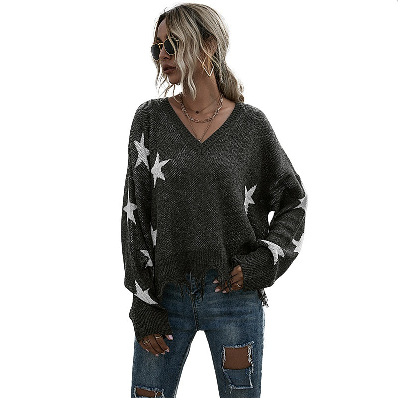 Batwing Sleeve Loose Women Sweater V-neck Star Printed Tassels Hem Knitted Pullover Tops Sai Feel