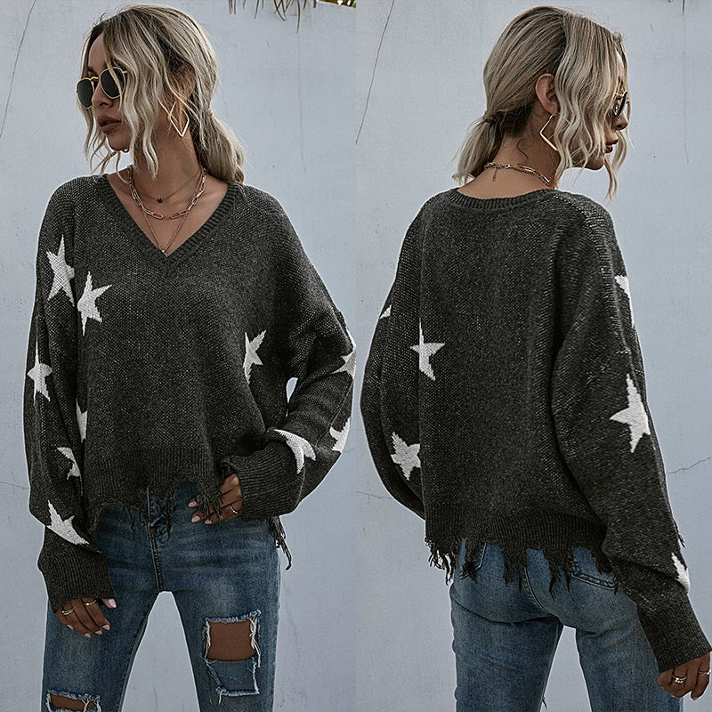 Batwing Sleeve Loose Women Sweater V-neck Star Printed Tassels Hem Knitted Pullover Tops Sai Feel