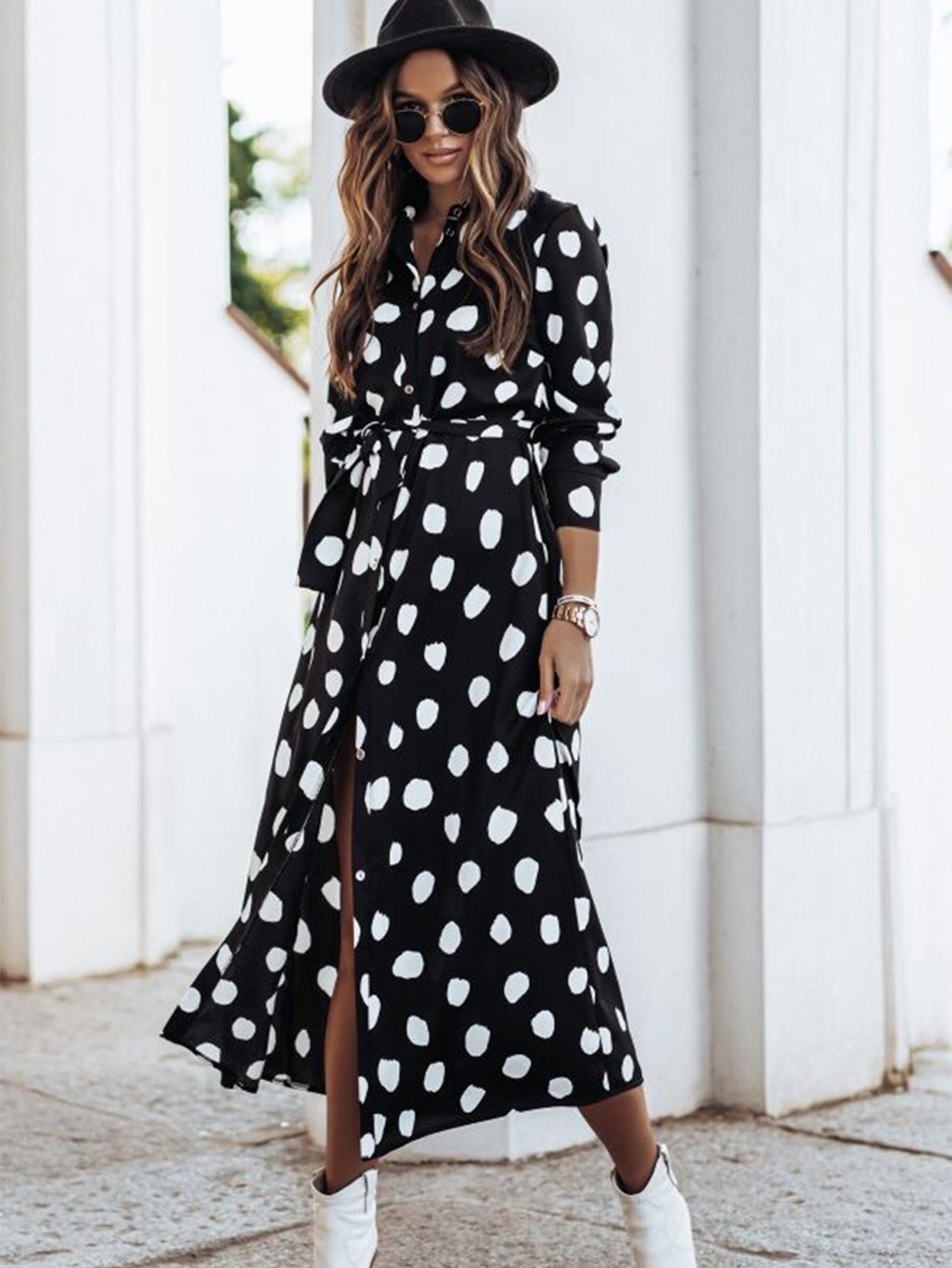 Belted Wrap Slit A-line Shirt Dress Sai Feel