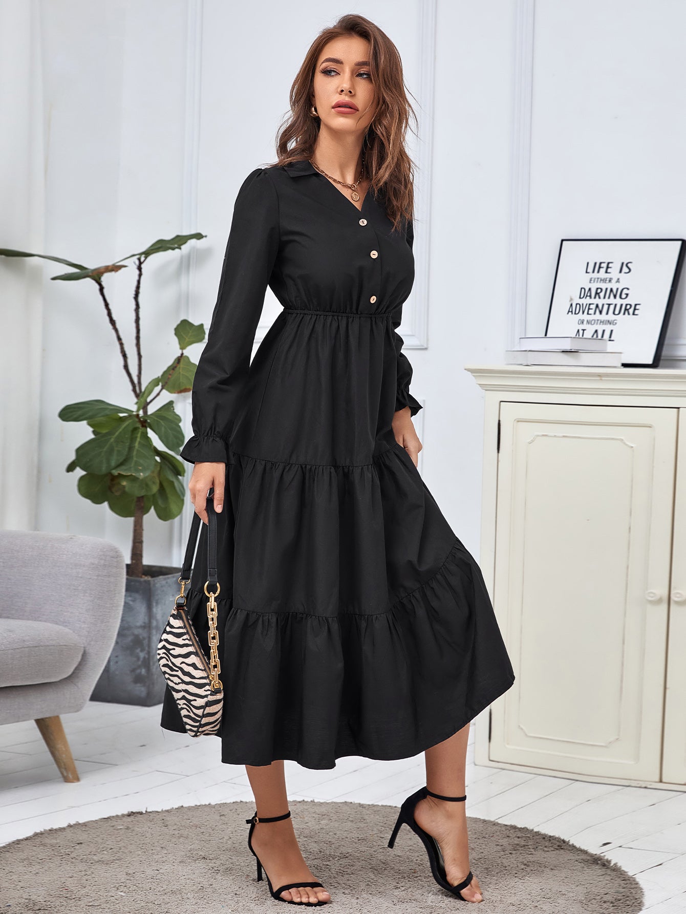 Black Button Detail Ruffle Hem Dress Sai Feel