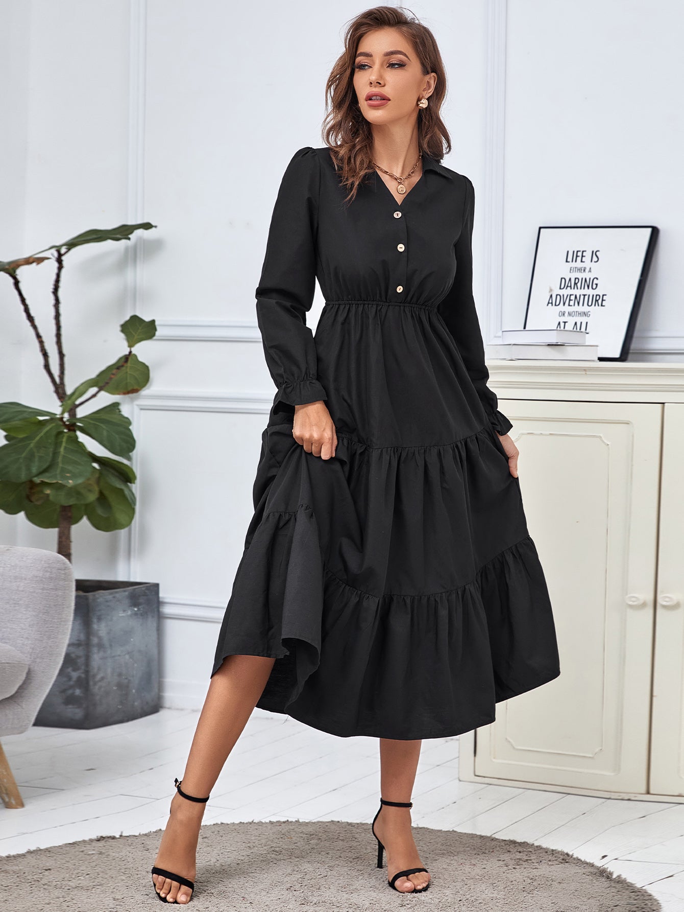 Black Button Detail Ruffle Hem Dress Sai Feel