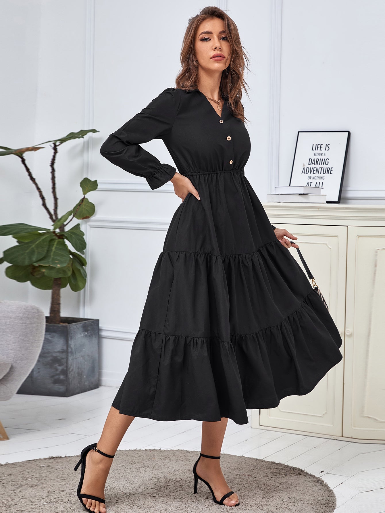 Black Button Detail Ruffle Hem Dress Sai Feel