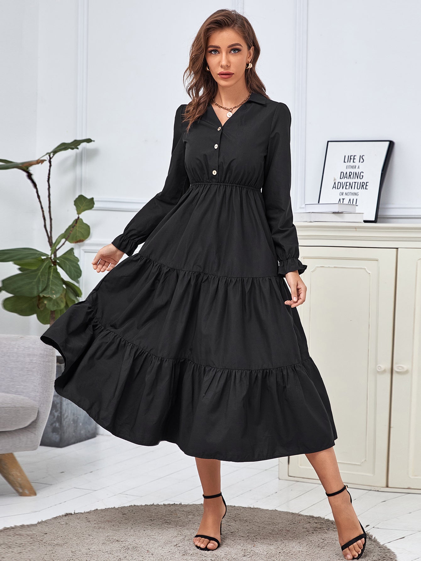 Black Button Detail Ruffle Hem Dress Sai Feel