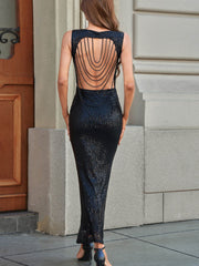 Black Deep V Neck Sleeveless Patterned Long Sequin Dress Sai Feel