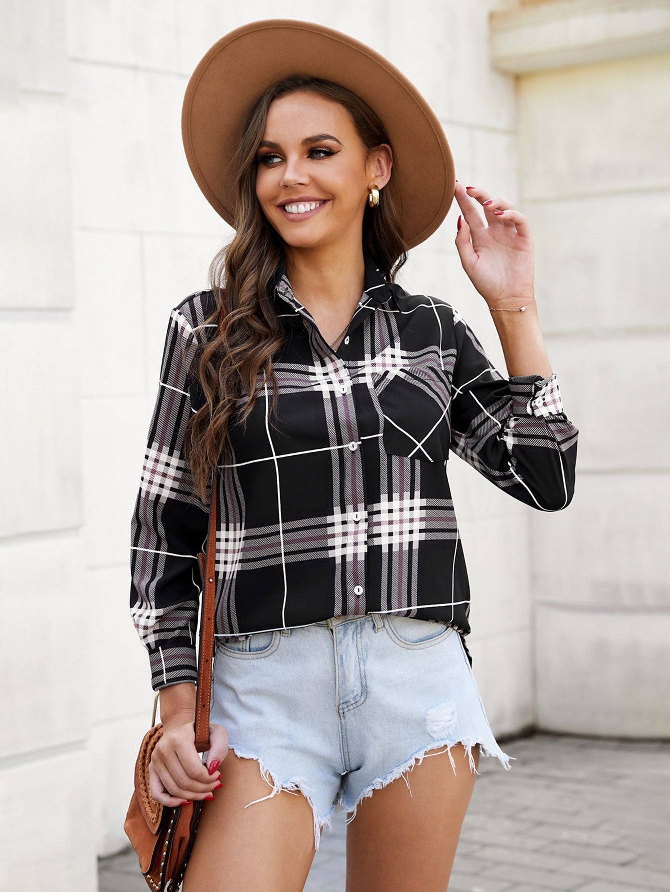 Black Plaid Button Blouse Sai Feel