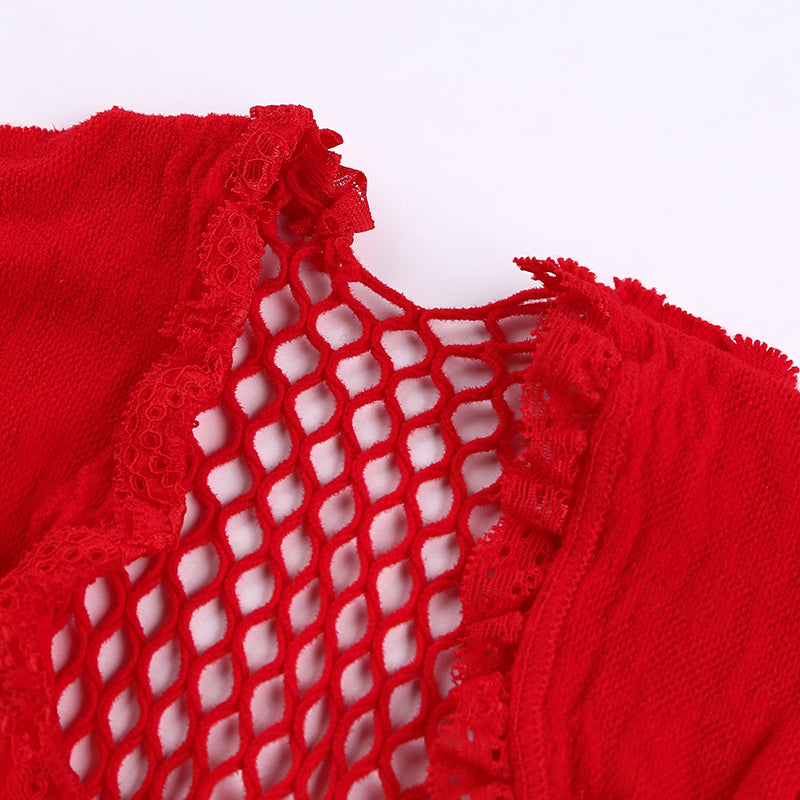 Black/Red High Cut Deep-V Lace & Net Thong Back Teddy Sai Feel