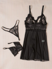 Black Spaghetti Strap Mesh Lace Babydoll Set Sai Feel