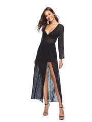 Black Split Thigh Elastic Waist Sheer Lace Maxi Dress with Pants Lining Without Bra Sai Feel