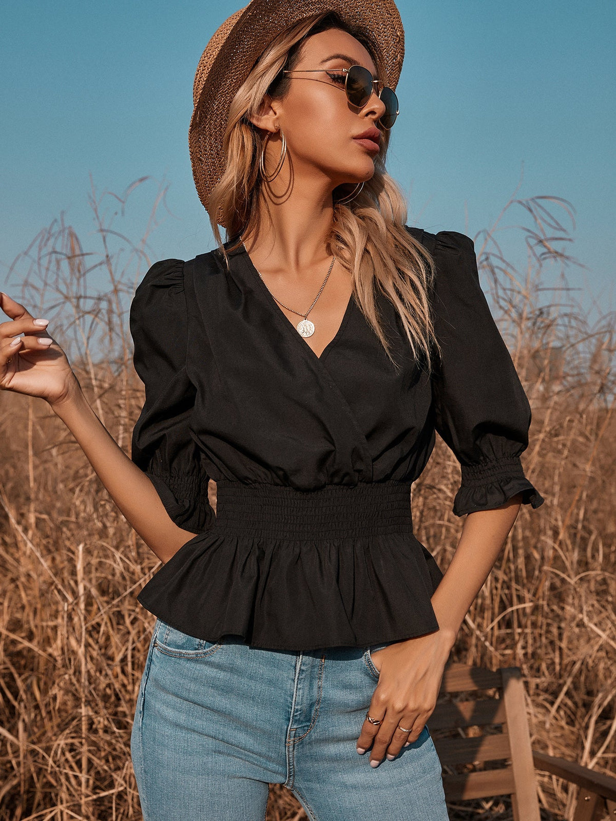 Black V-neck Puff Sleeve Short Top Sai Feel