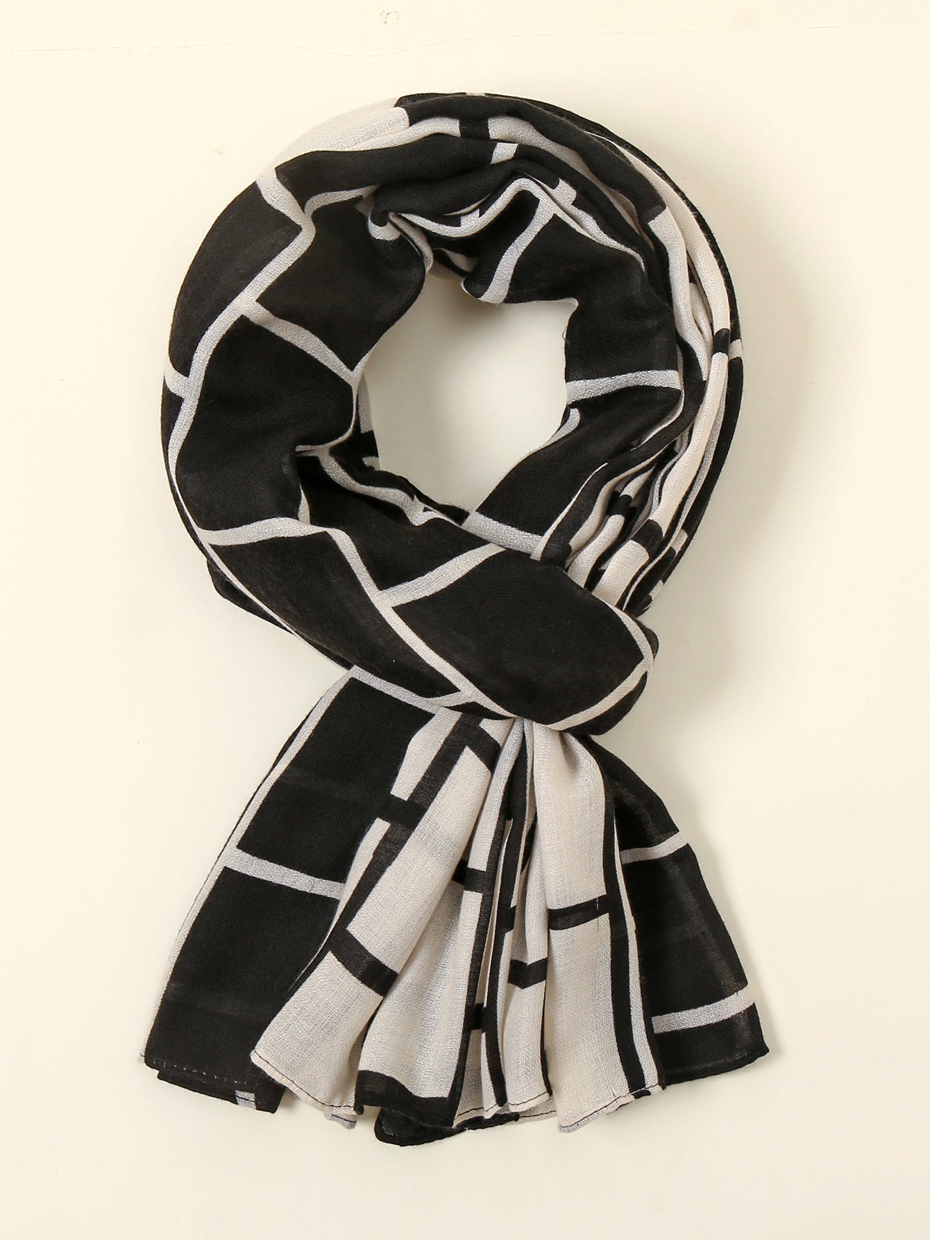 Black and white plaid cotton and linen scarf Sai Feel