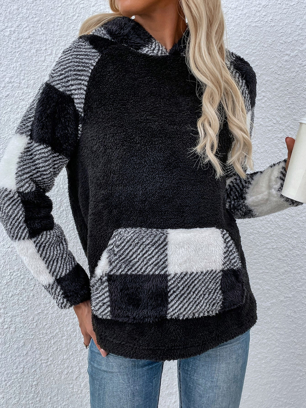 Black and white plaid long-sleeved hooded sweatshirt Sai Feel