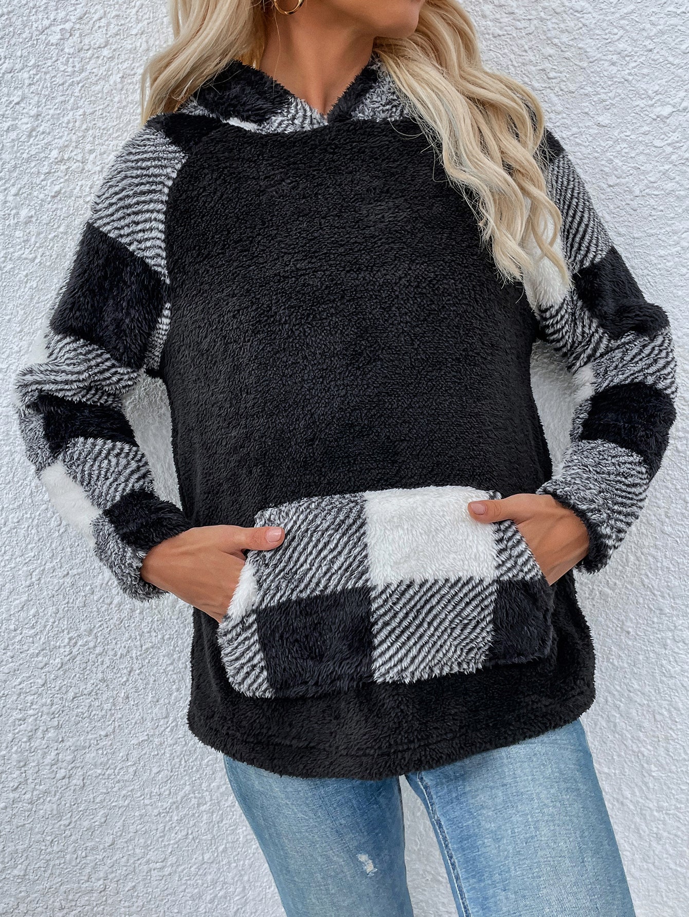 Black and white plaid long-sleeved hooded sweatshirt Sai Feel