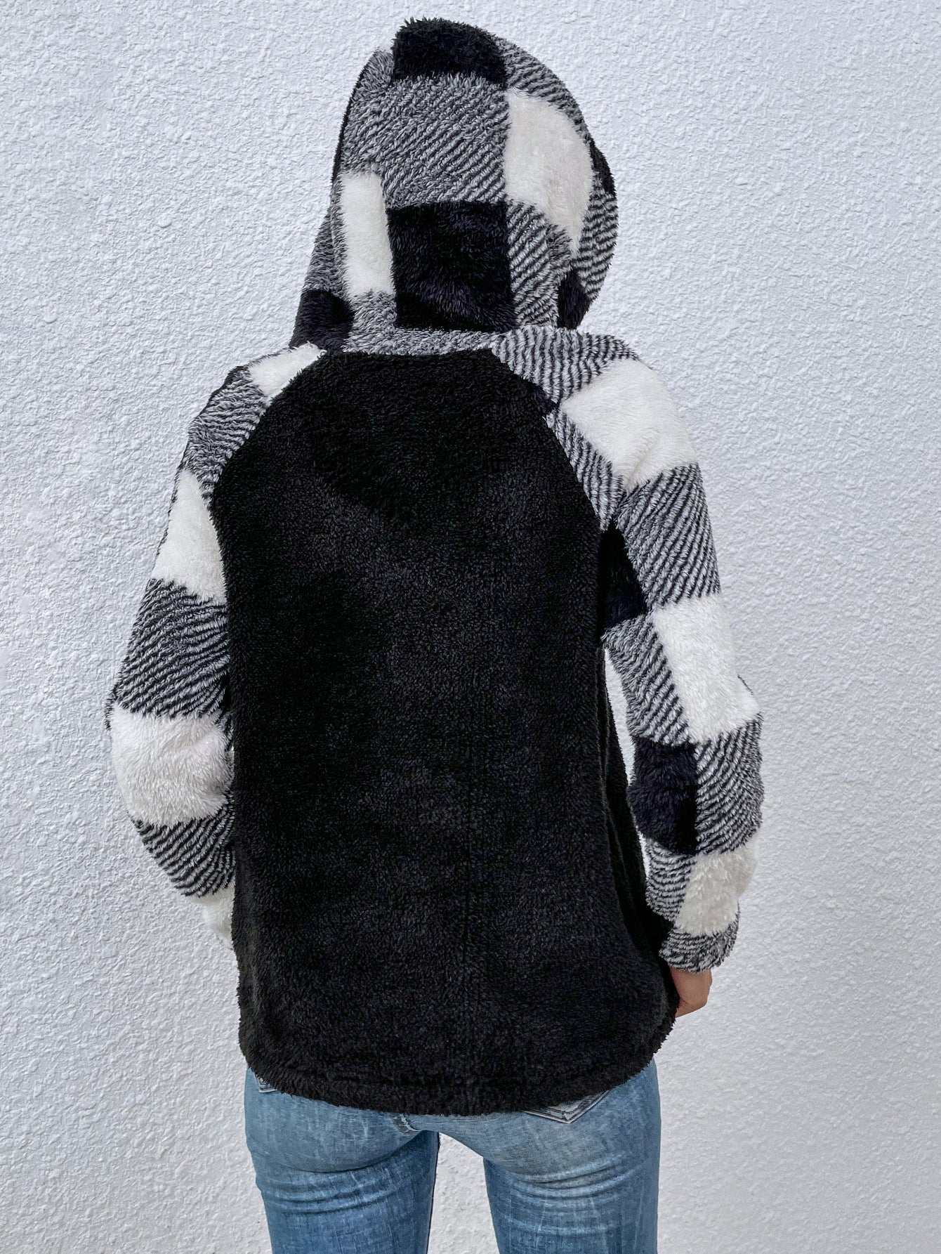 Black and white plaid long-sleeved hooded sweatshirt Sai Feel