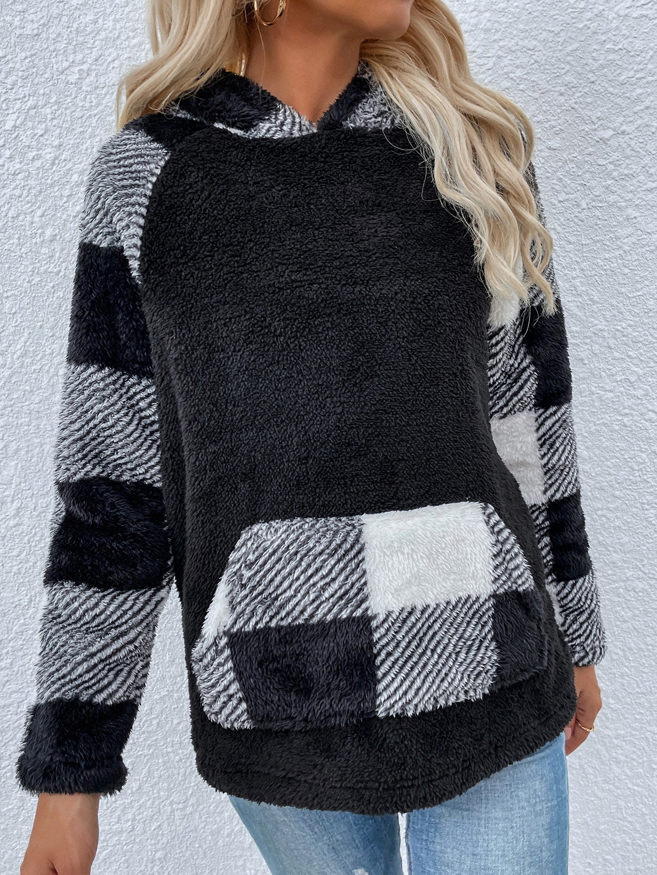 Black and white plaid long-sleeved hooded sweatshirt Sai Feel