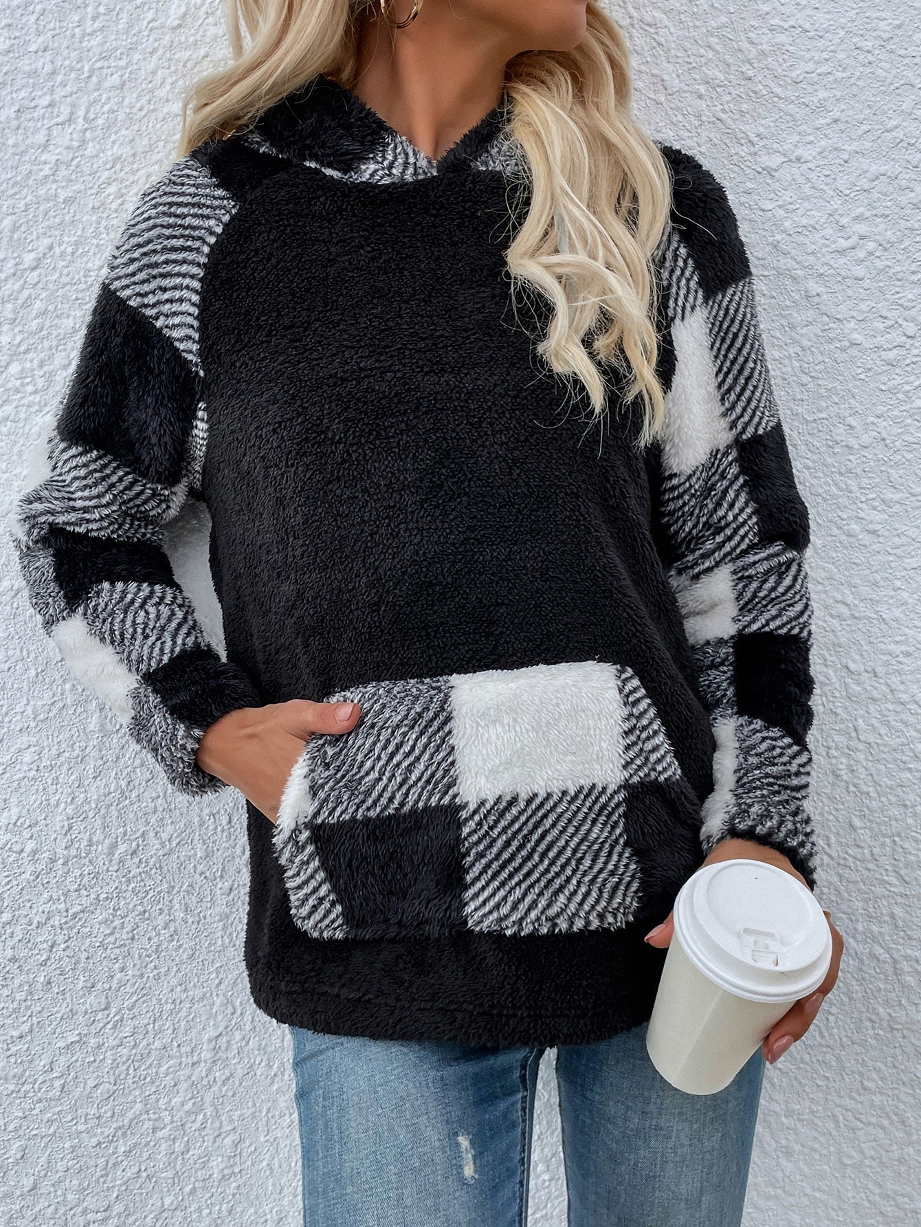 Black and white plaid long-sleeved hooded sweatshirt Sai Feel