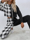 Black and white plaid two-piece stitching hooded sports suit Sai Feel