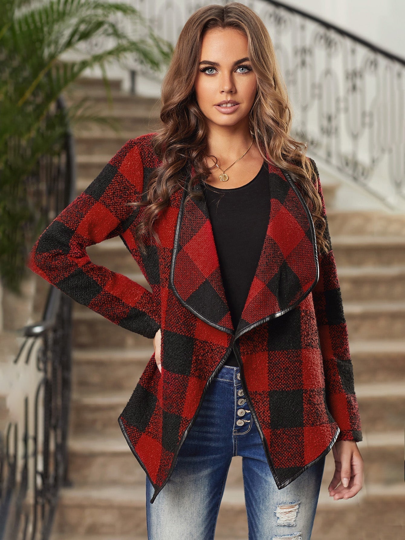 Block Plaid Long Sleeve Asymmetric Collar Open Front Coat Jacket Sai Feel