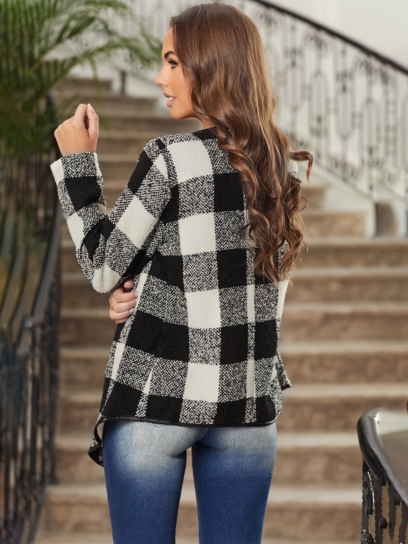 Block Plaid Long Sleeve Asymmetric Collar Open Front Coat Jacket Sai Feel