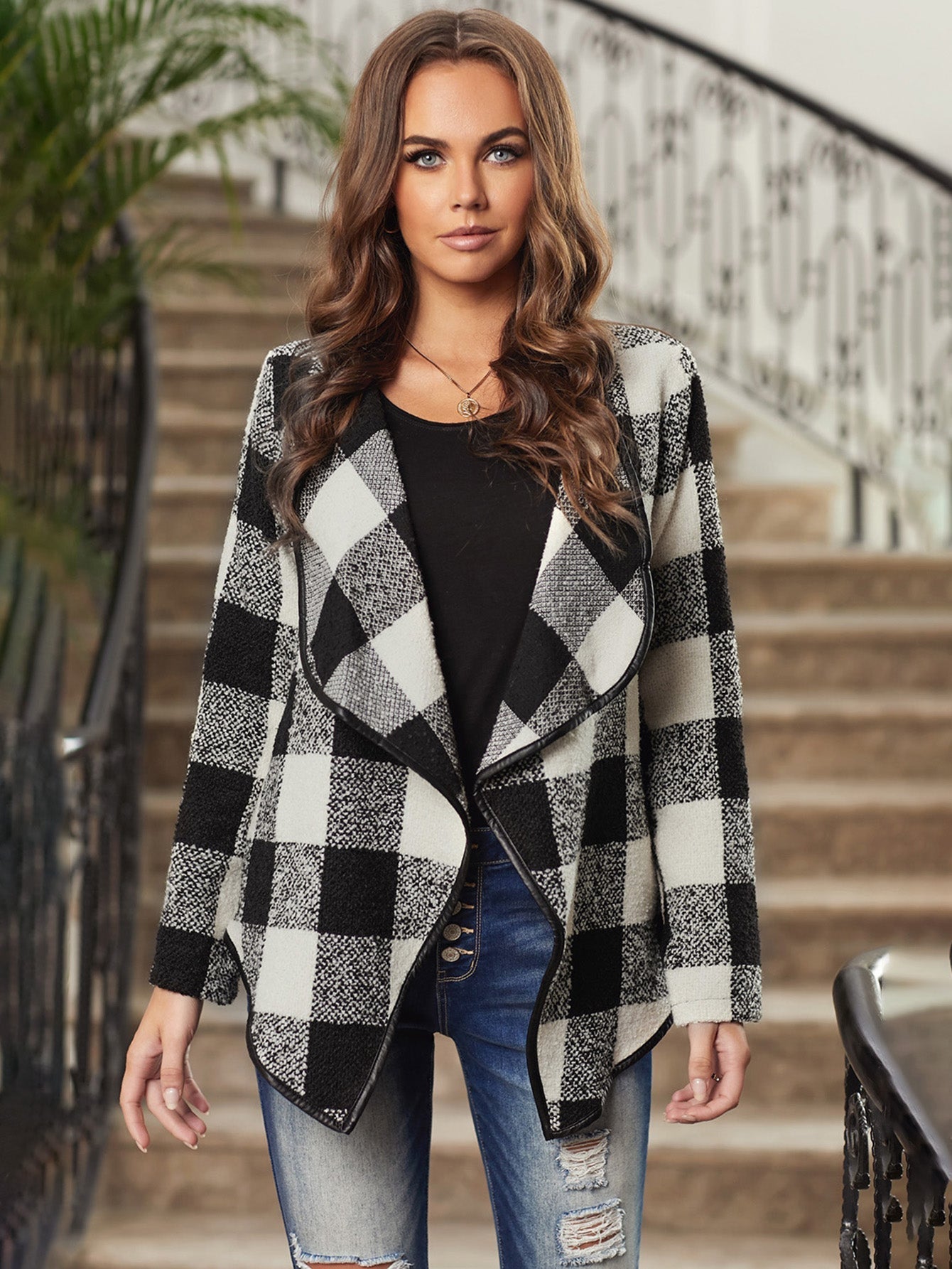 Block Plaid Long Sleeve Asymmetric Collar Open Front Coat Jacket Sai Feel