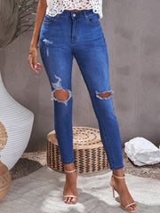 Blue High Rise Distressed Skinny Jeans Sai Feel