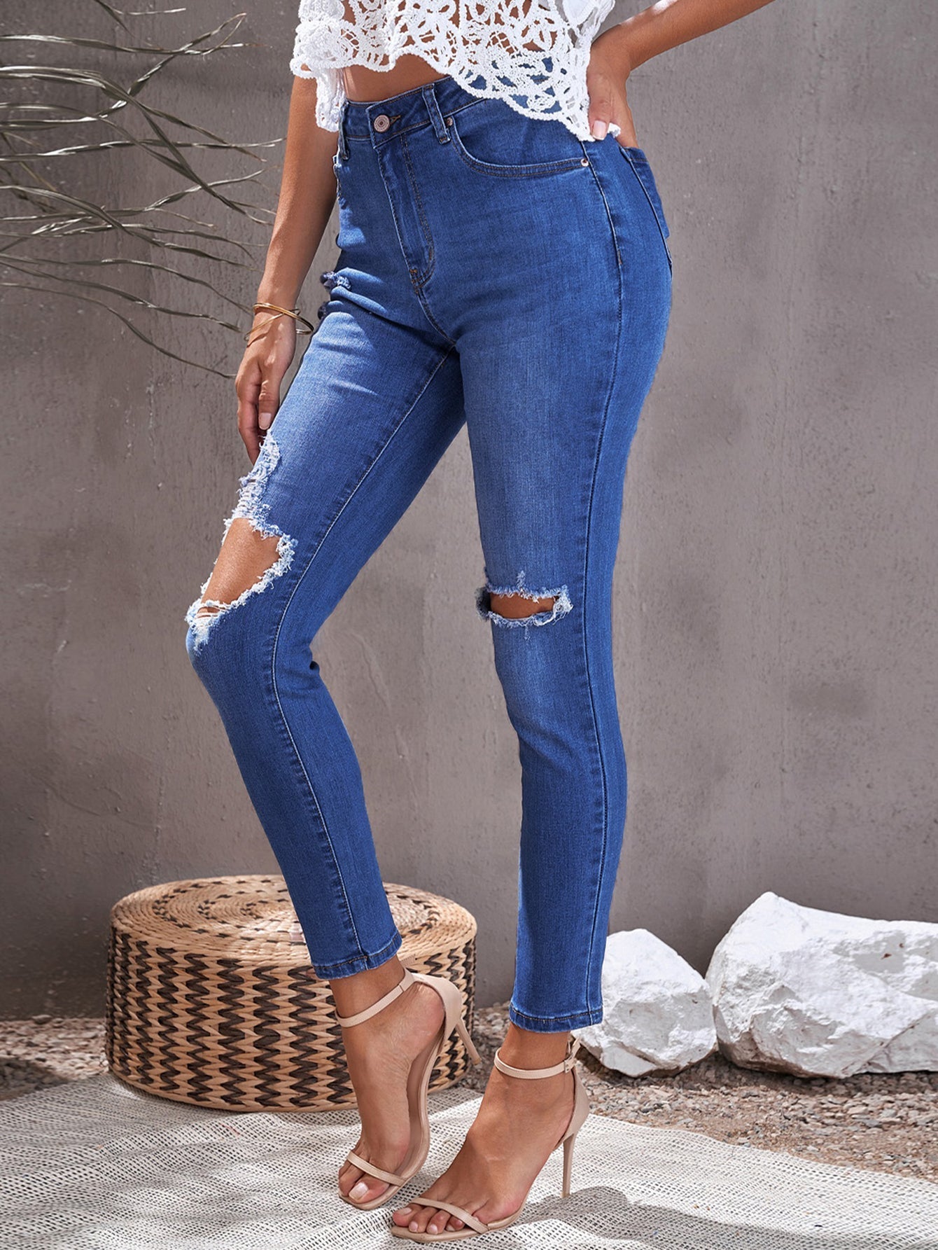 Blue High Rise Distressed Skinny Jeans Sai Feel