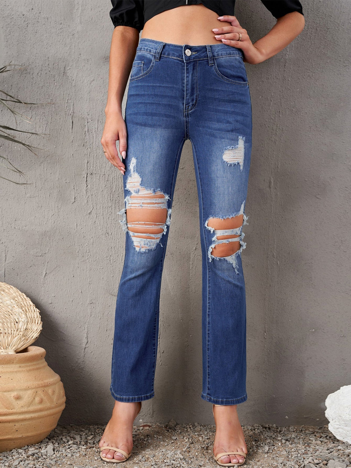 Blue Mid Waist Distressed Flared Jeans Sai Feel