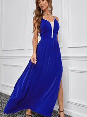 Blue Rhinestone Side Split Deep V Neck Maxi Dress Sai Feel