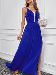 Blue Rhinestone Side Split Deep V Neck Maxi Dress Sai Feel