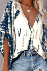 Blue Tie-Dye Print Batwing Sleeve Blouse Sai Feel