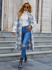 Blue and white plaid long sleeve pocket mid-length coat without belt Sai Feel