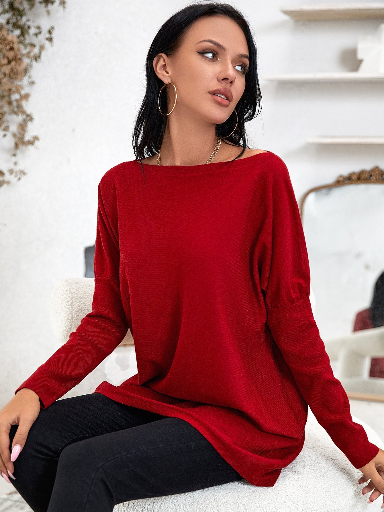 Boat Neck Sweater Pullover Top Sai Feel