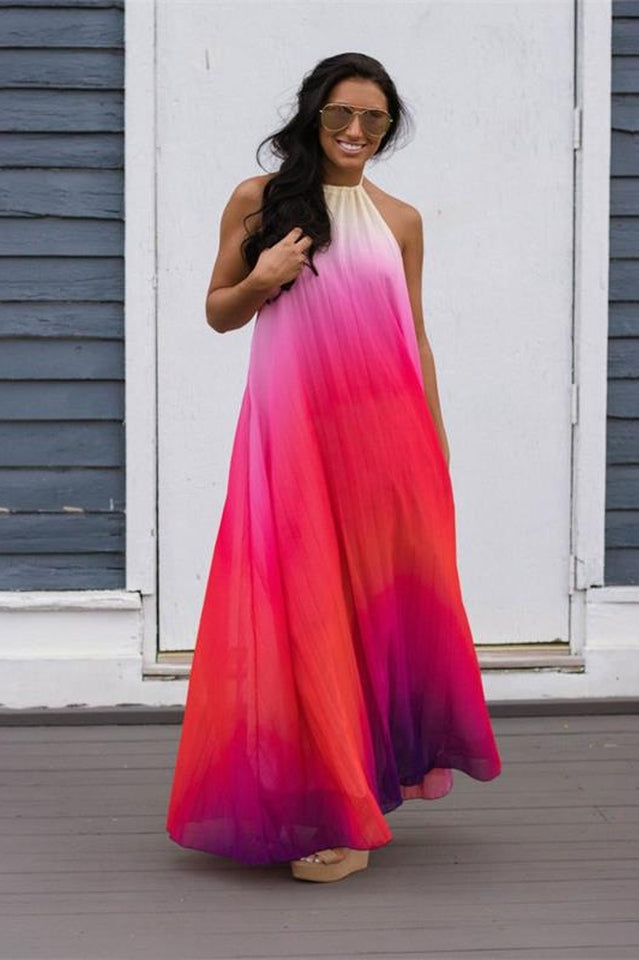 Bohemian Backless Beach Gradient Halter Dress Sai Feel