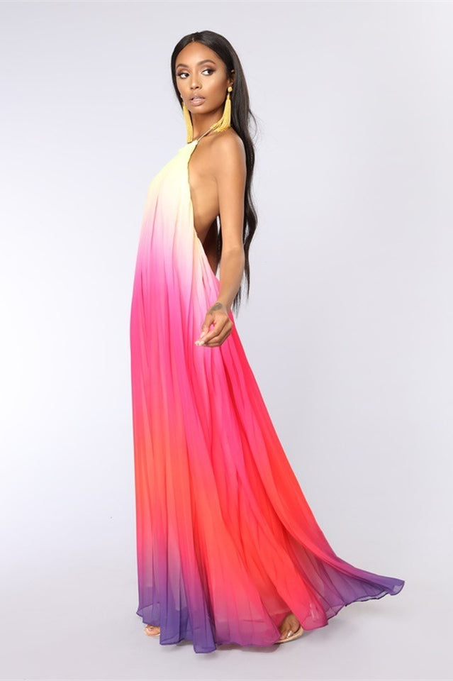 Bohemian Backless Beach Gradient Halter Dress Sai Feel