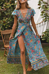 Bohemian Floral Printed Wrap V Neck Short Sleeve Split Beach Party Maxi Dress Sai Feel