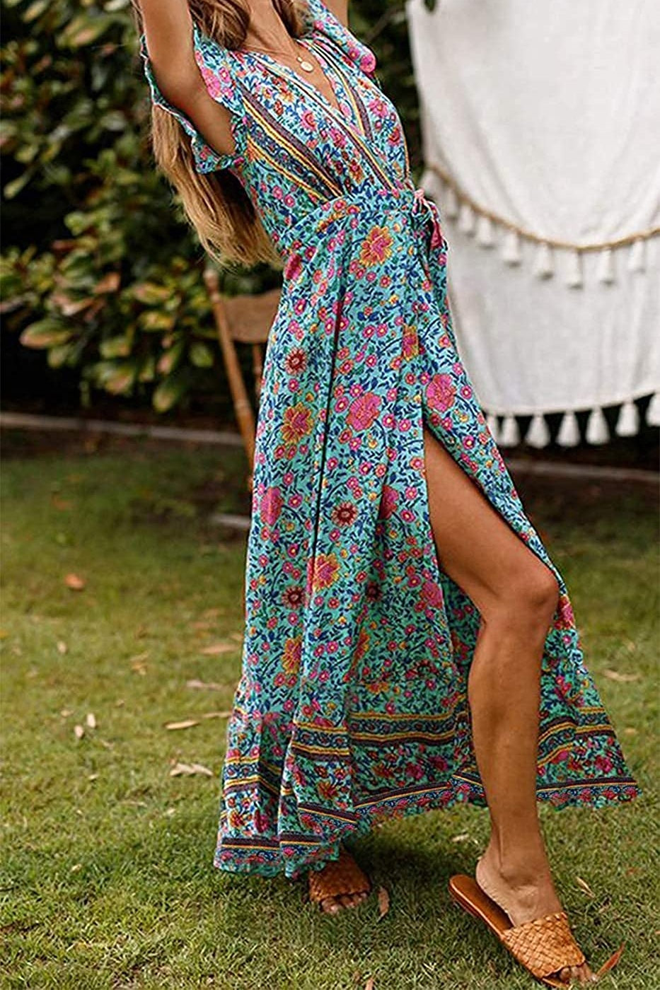 Bohemian Floral Printed Wrap V Neck Short Sleeve Split Beach Party Maxi Dress Sai Feel