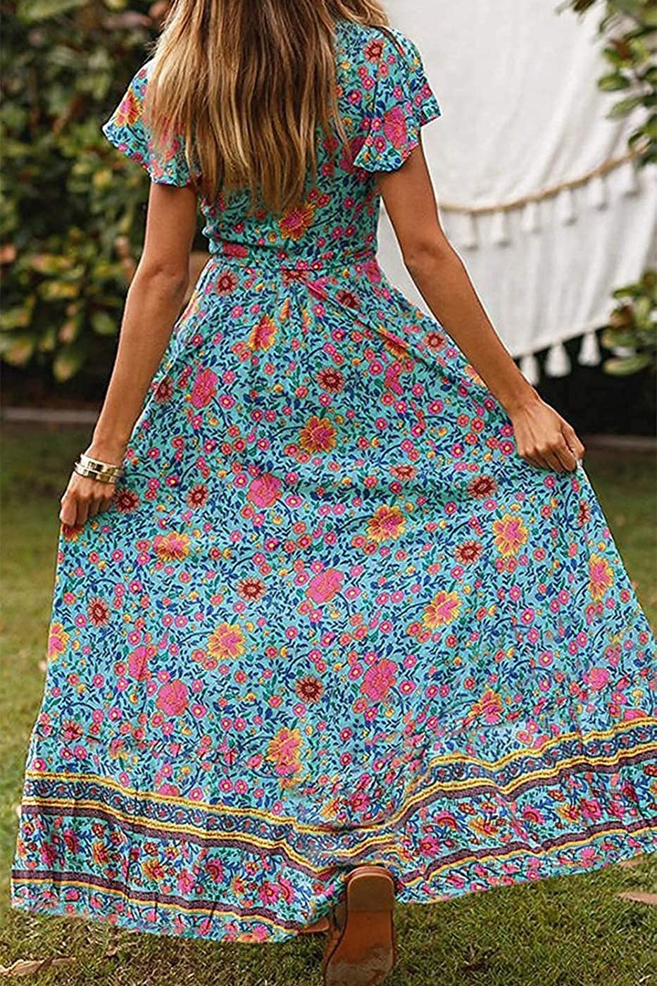 Bohemian Floral Printed Wrap V Neck Short Sleeve Split Beach Party Maxi Dress Sai Feel